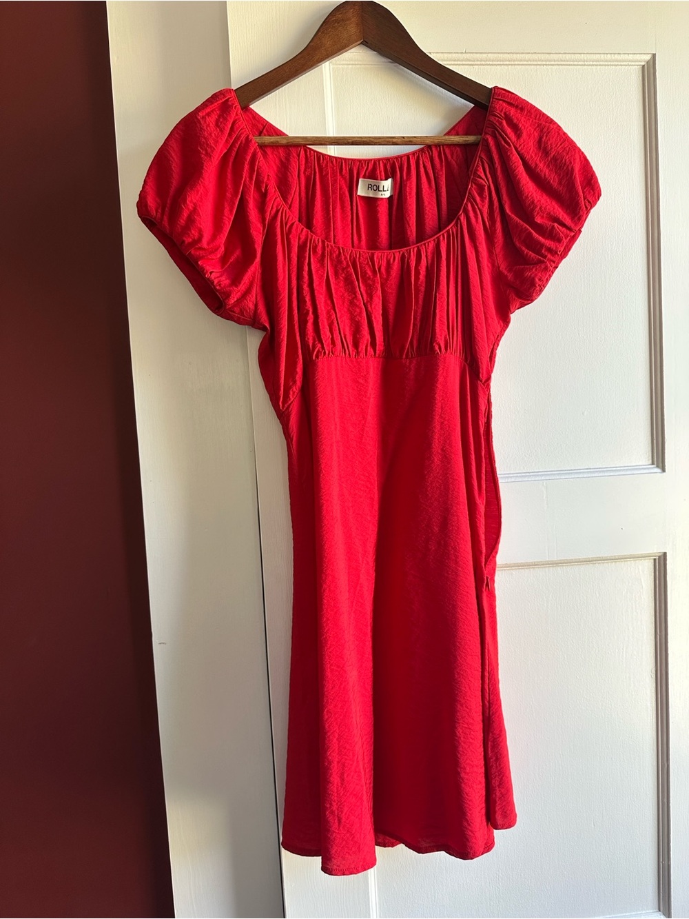 Rollas Red Puff-Sleeve Scoop Neck Dress
